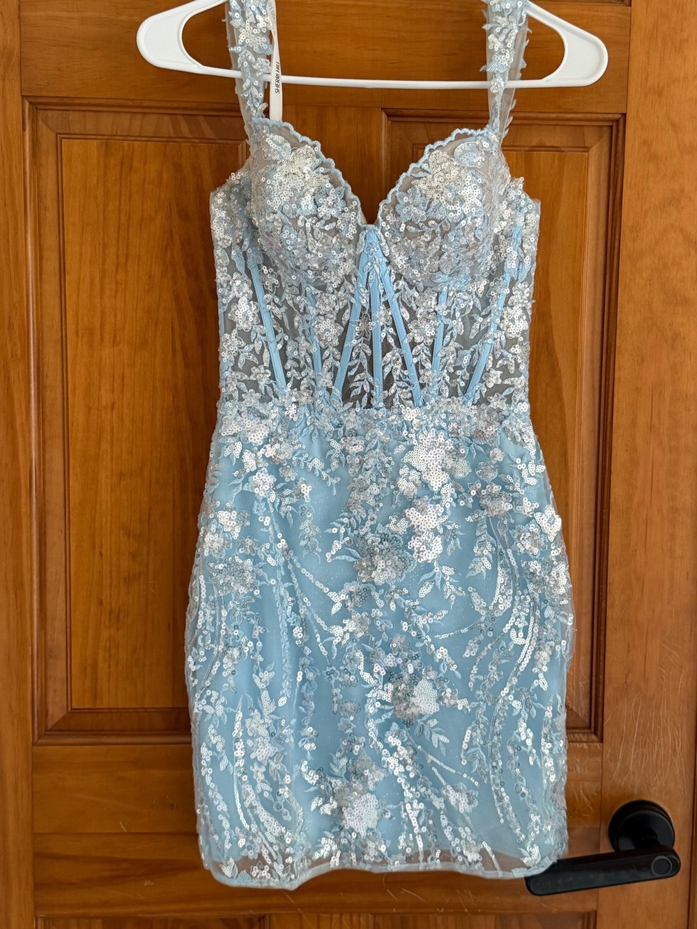 Sherri Hill Light Blue Embellished Lace Mini Dress